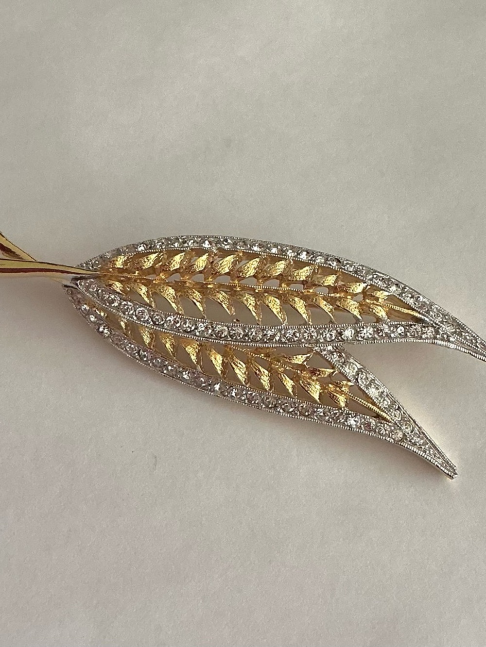 Vintage Gold and Silver Tone and Pave Rhinestone Leaf Brooch - Numbered 0548